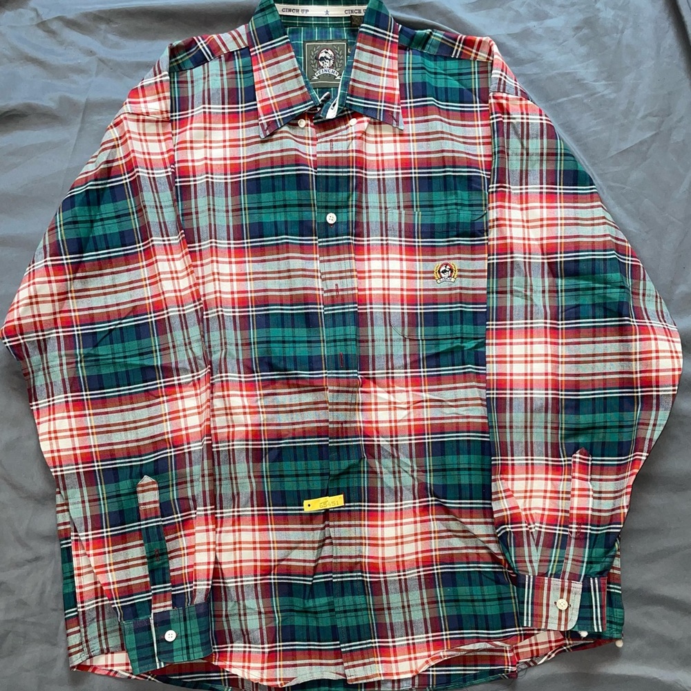 Cinch Men’s Large L/S Button Down Green Plaid Western Cotton Shirt